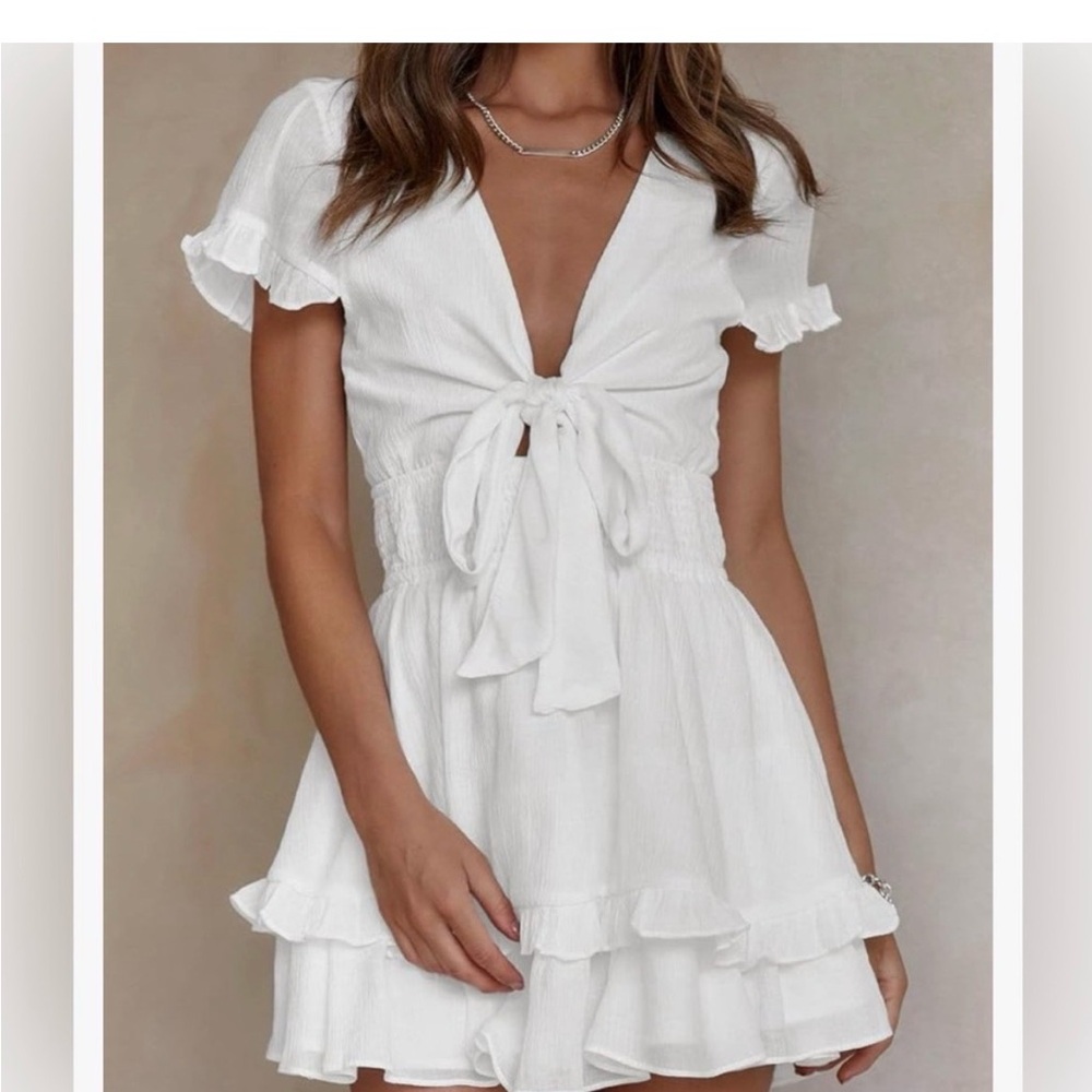Waist White Tie-Front Ruffle Mini Dress with peekaboo accent at the tie closure